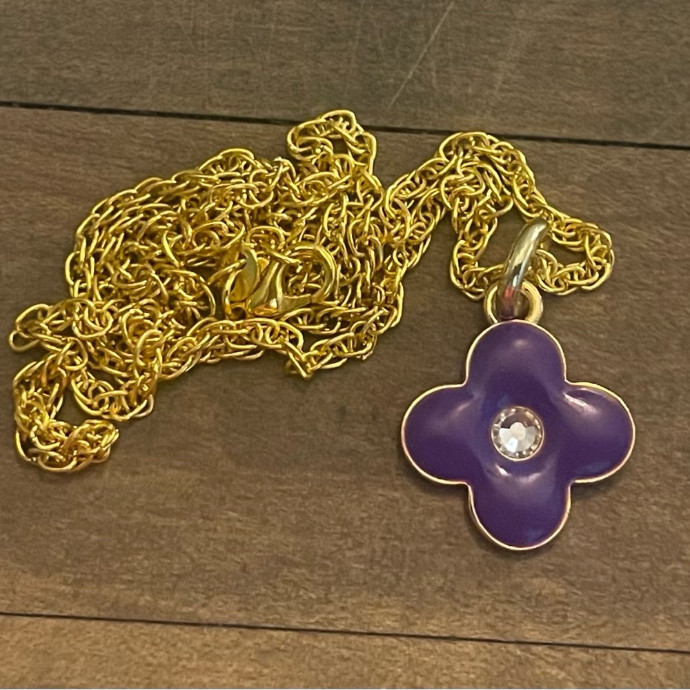 Coach Purple Enamel Crystal Clover Pendant 18k/.925 Sterling Silver Necklace - Picture 4 of 6